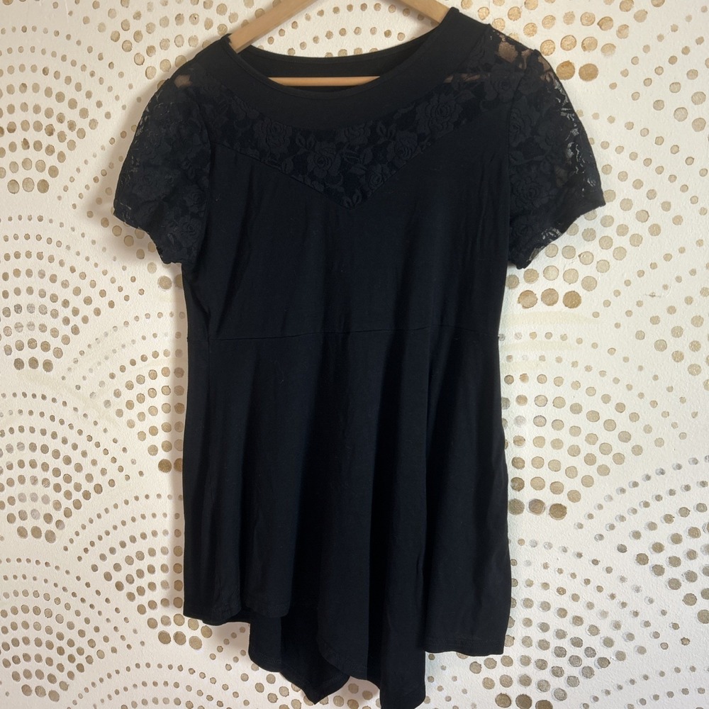 Y2K‎ MED Black Stretchy Witchy Asymmetrical Lace Short Sleeve Top Shirt Whimsy
